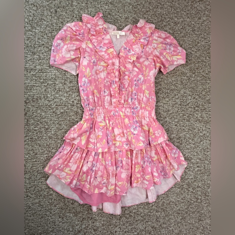 LoveShackFancy Ellis Mini in Pink Party Bash Ruffle V-neck Cotton Dress